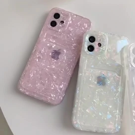 Custodia per cellulare con motivo a conchiglia con perle glitterate e stampa IMD con porta carte per iPhone 13 PRO Max, iPhone 13 Mini